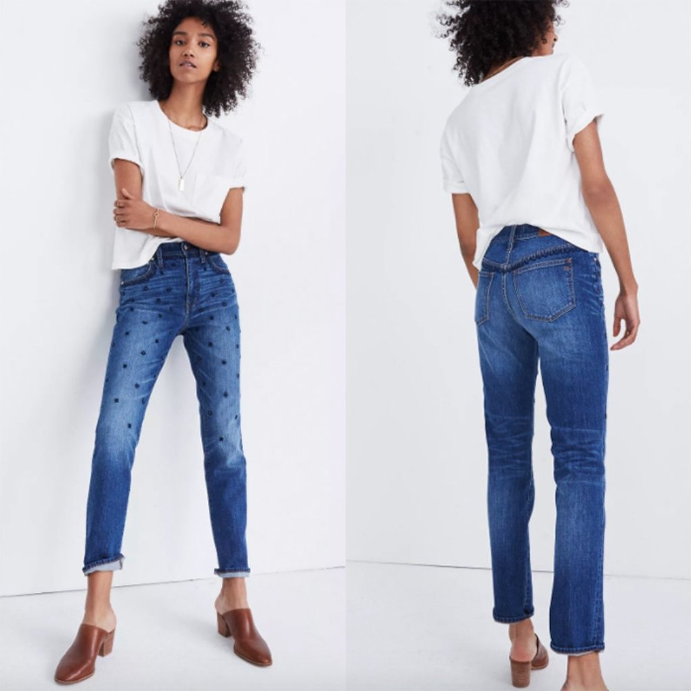 Madewell blue embroidered beaded embellished High Rise Slim Boyjean denim jeans